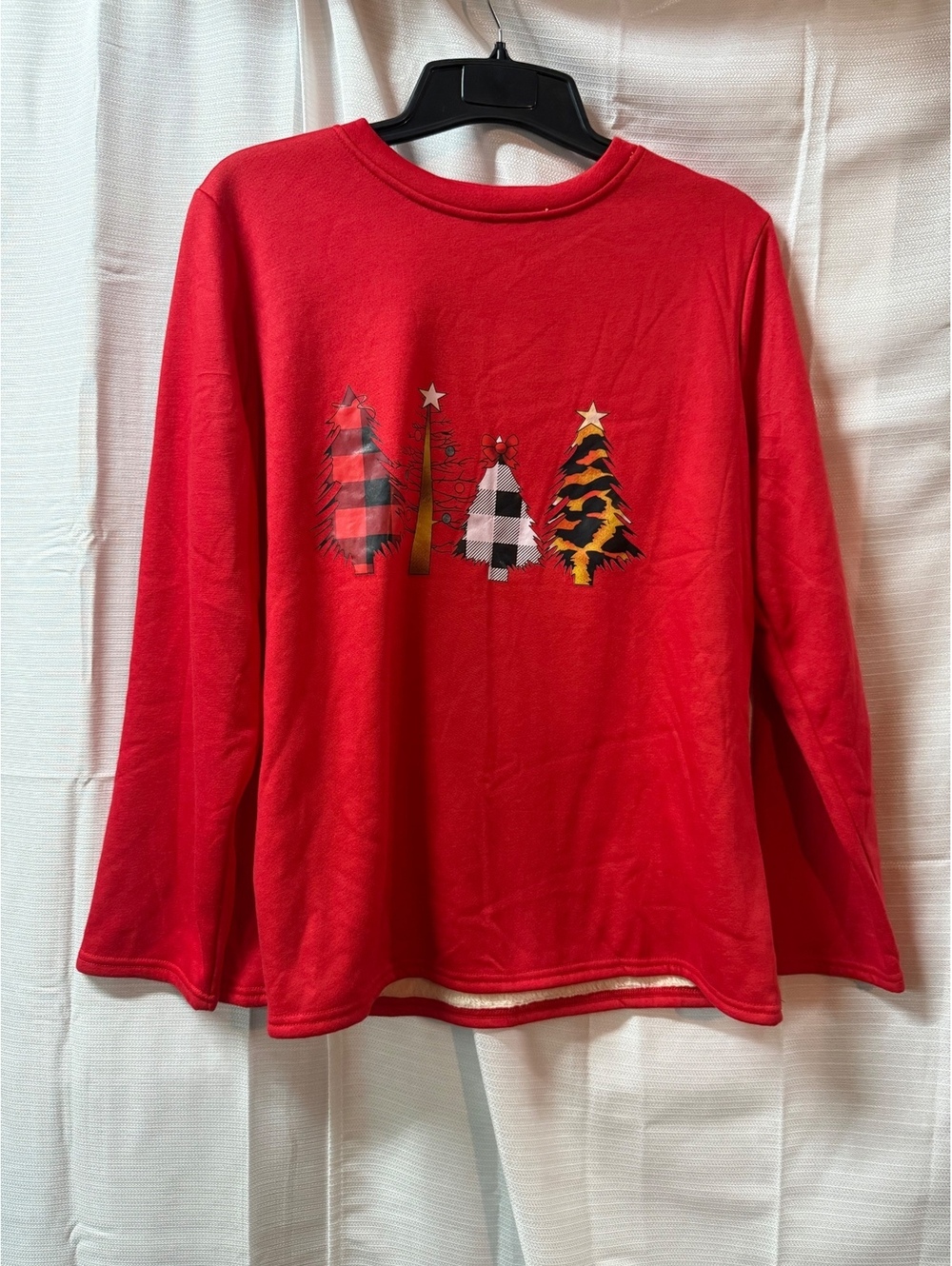 Red Christmas Tree Print Pullover Sweatshirt with Sherpa Lining XL